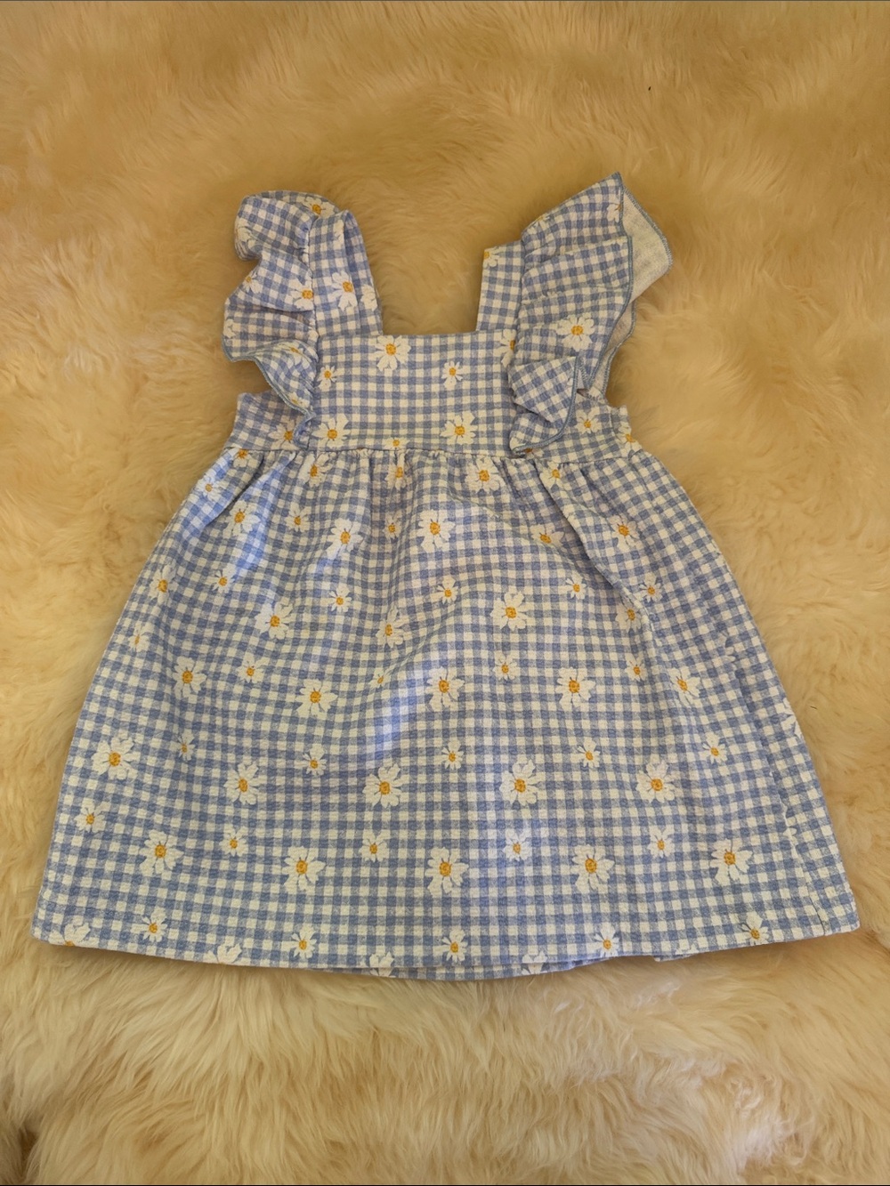 Zara Light Blue Gingham Daisy Ruffle-Shoulder Dress